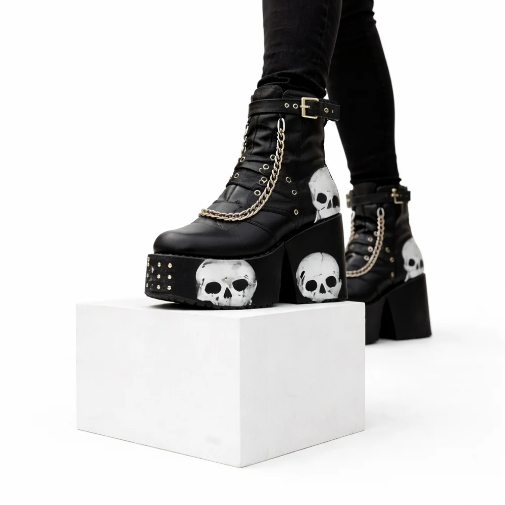 Dolls Kill x Lamoda Platform Skull Chain Spike Ankle Boots Vegan Leather Goth